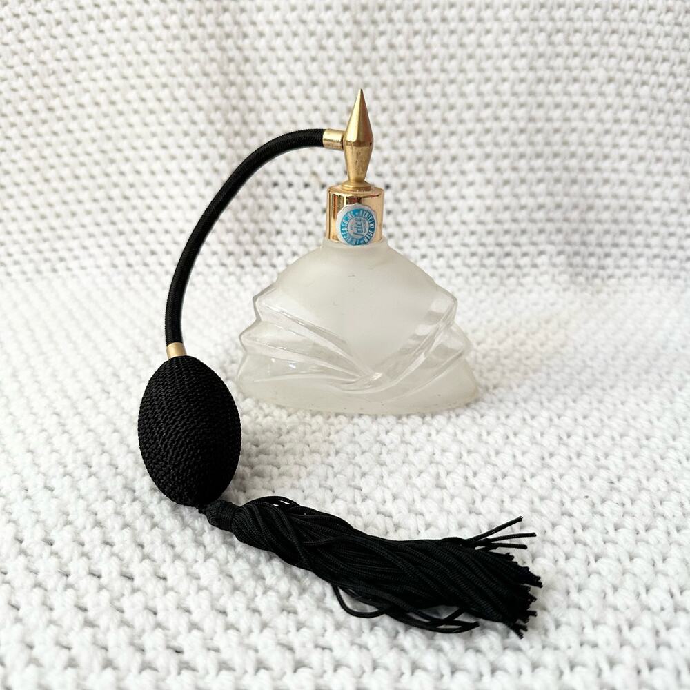 I.W. Rice & Co. Vintage Frosted Glass Perfume Spray Bottle Black Tassel Atomizer